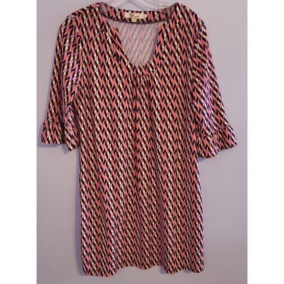 Aryeh Womens Tunic Dress V‎ Neck Pink Geometric Print Multicolor Size Large - Picture 10 of 14